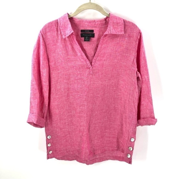 Tahari 100% Linen Machine Washable Tunic Top Shirt Pink Size Small - Picture 8 of 8